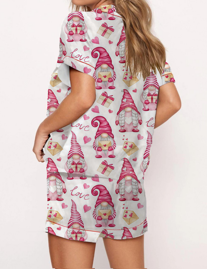 Valentine's Gnome Print Satin Pajama Short Set