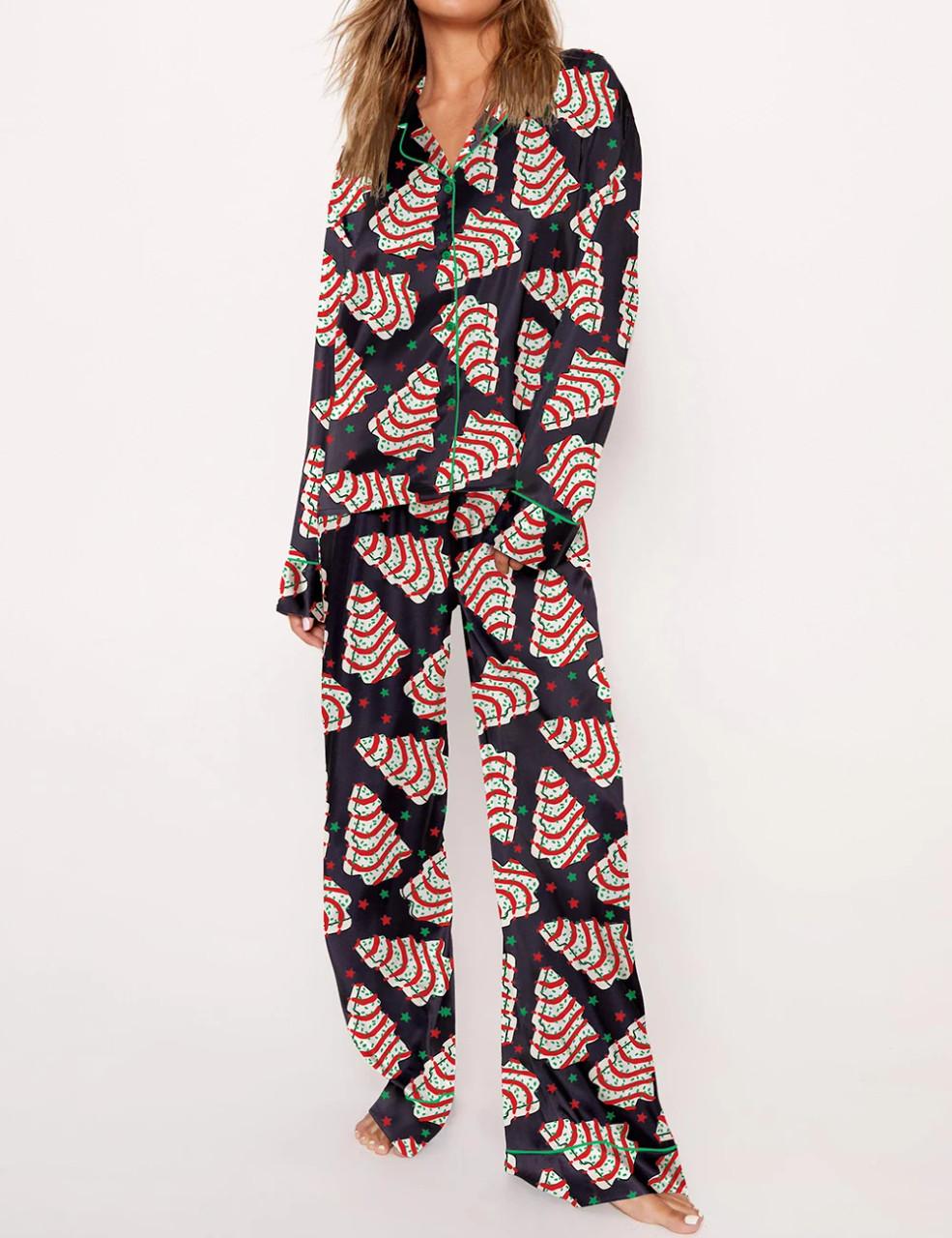 Christmas Tree Cakes Silky Satin Pajama Set For Women	