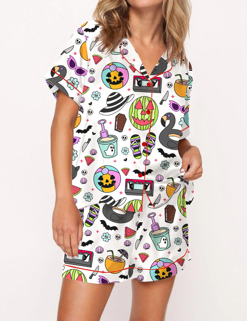 Summerween Halloween Spooky Silky Satin Pajama Set For Women	
