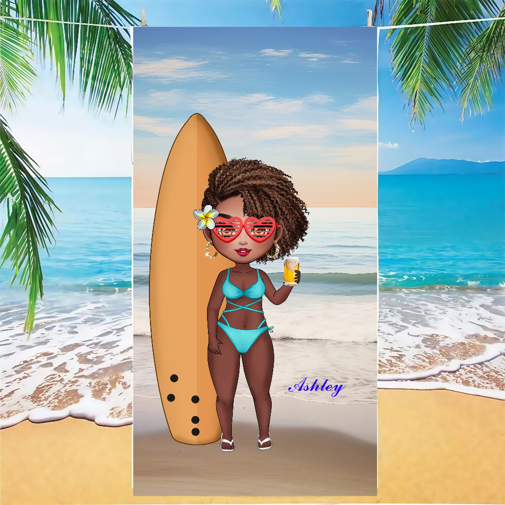 Personalized Cartoon Women Girl Soft Quick Dry Beach Towel with Name Vacation Beach Accessories Gift for Friend