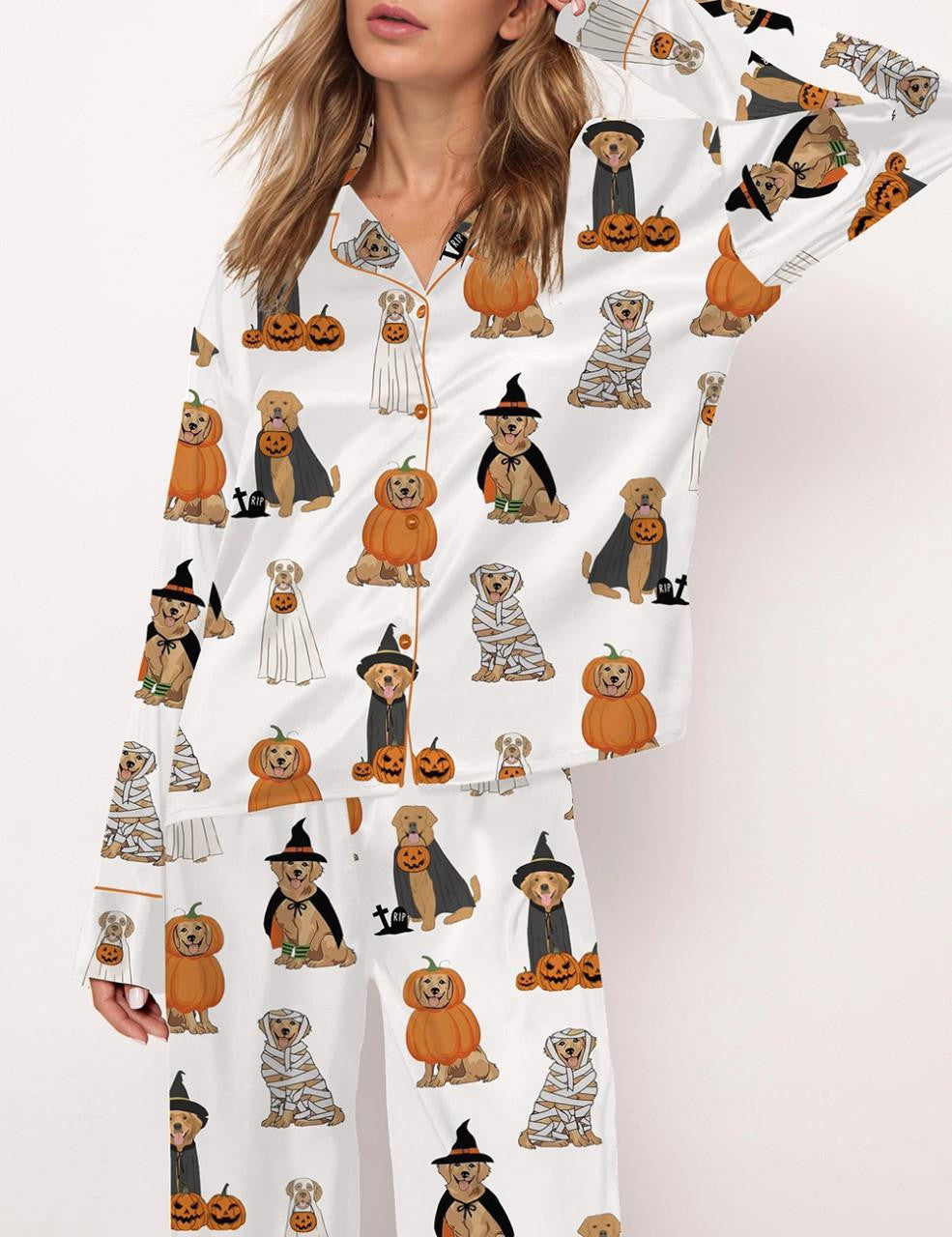 Golden Retriever Halloween Ghost Dogs Silky Satin Pajama Set For Women	