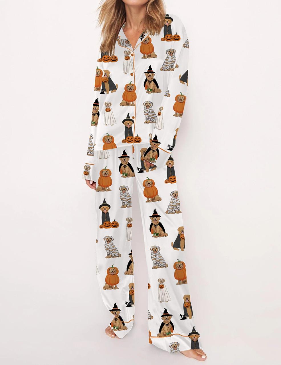 Golden Retriever Halloween Ghost Dogs Silky Satin Pajama Set For Women	