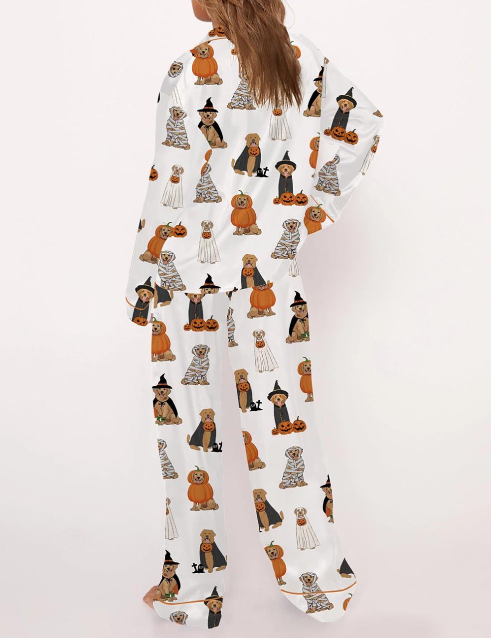 Golden Retriever Halloween Ghost Dogs Silky Satin Pajama Set For Women	
