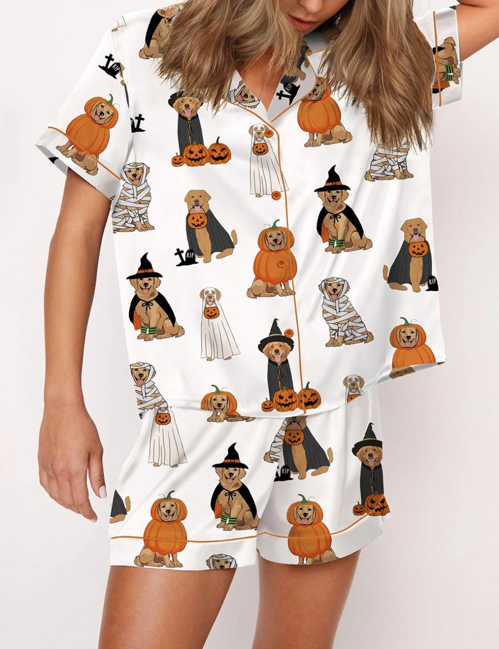 Golden Retriever Halloween Ghost Dogs Silky Satin Pajama Set For Women	