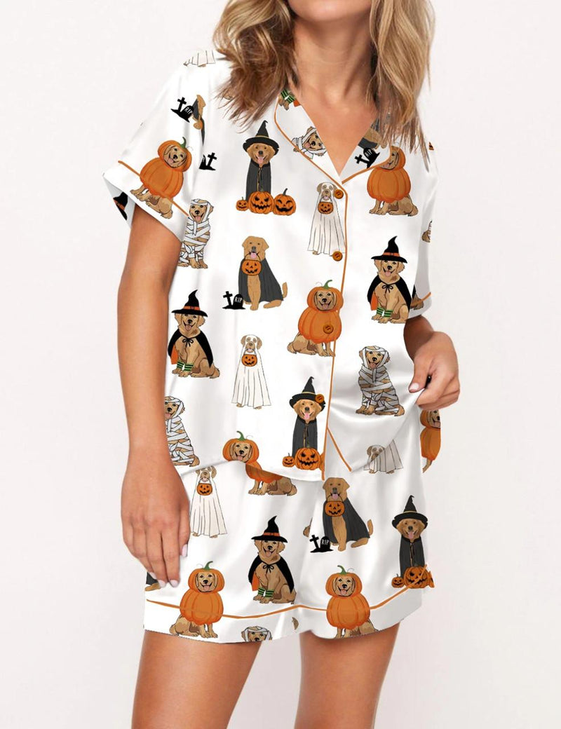 Golden Retriever Halloween Ghost Dogs Silky Satin Pajama Set For Women	