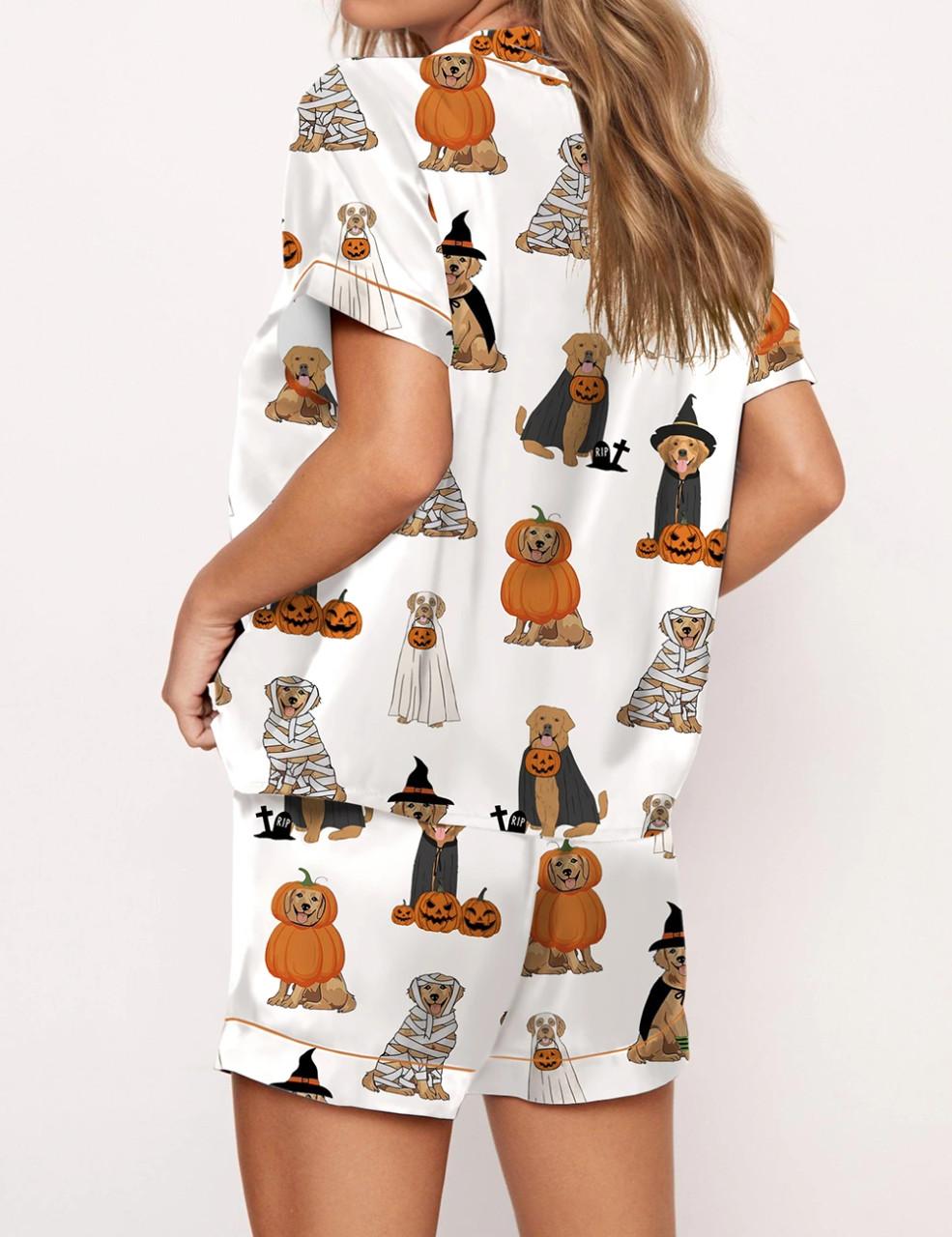 Golden Retriever Halloween Ghost Dogs Silky Satin Pajama Set For Women	