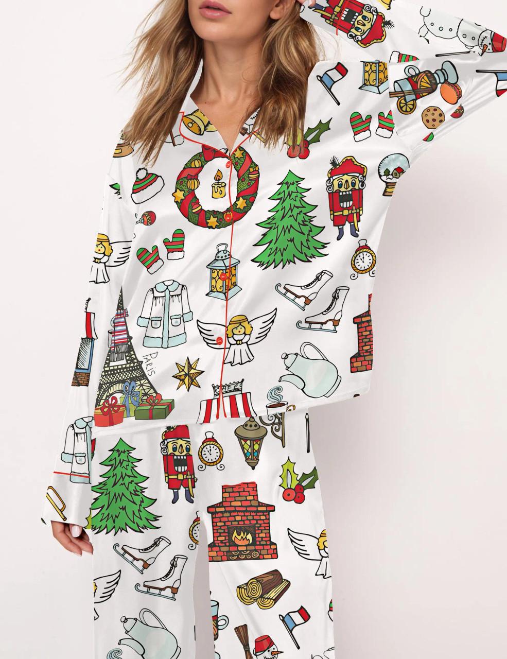 Paris Christmas Satin Pajama Set For Women	