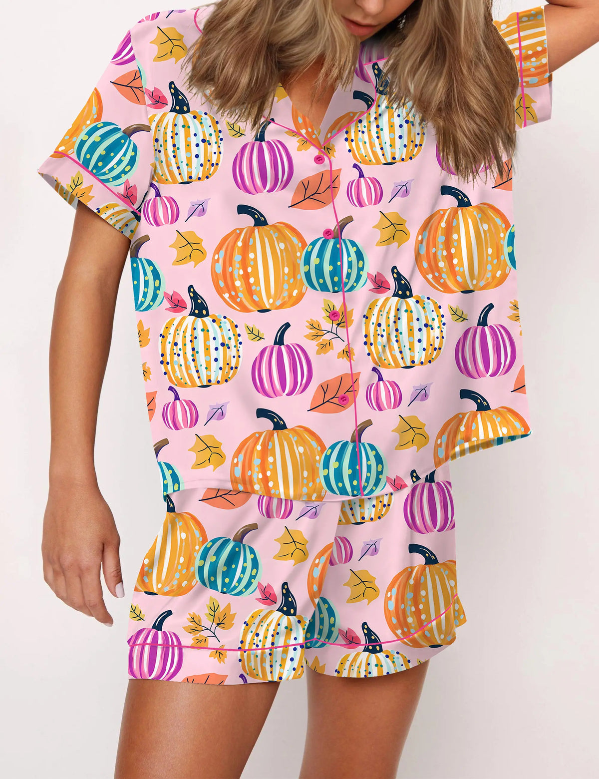 Fall Pumpkin Silky Satin Pajama Set For Women	