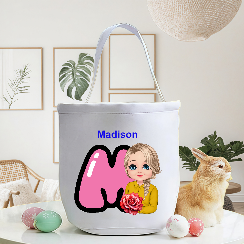 Personalized Cartoon Character Initial Bucket Bag with Initial and Name Easter Egg Hunt Basket Birthday Party Favors Gift for Kids