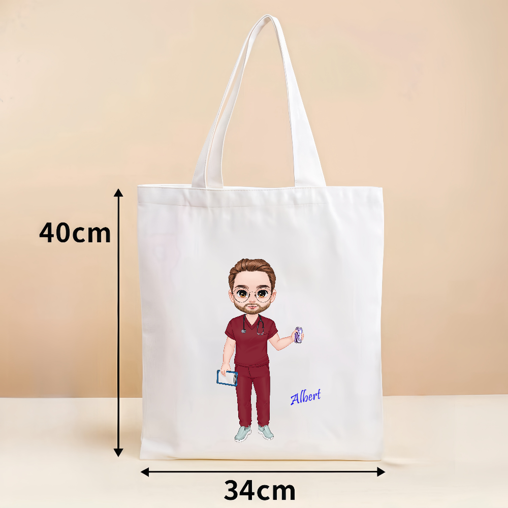 Personalized Cartoon Medical Character Canvas Bag With Name Birthday Gratitude Gift for Nurse Doctor Medical Staff