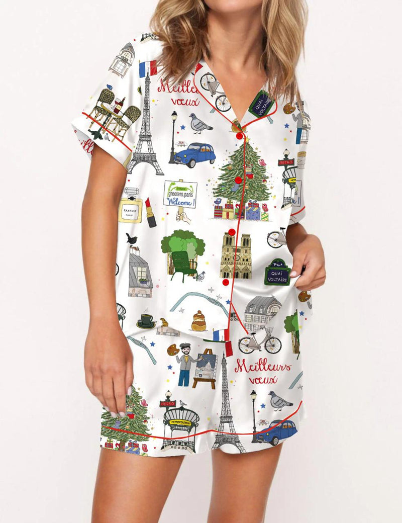Christmas In Paris Satin Pajama Set For Women	