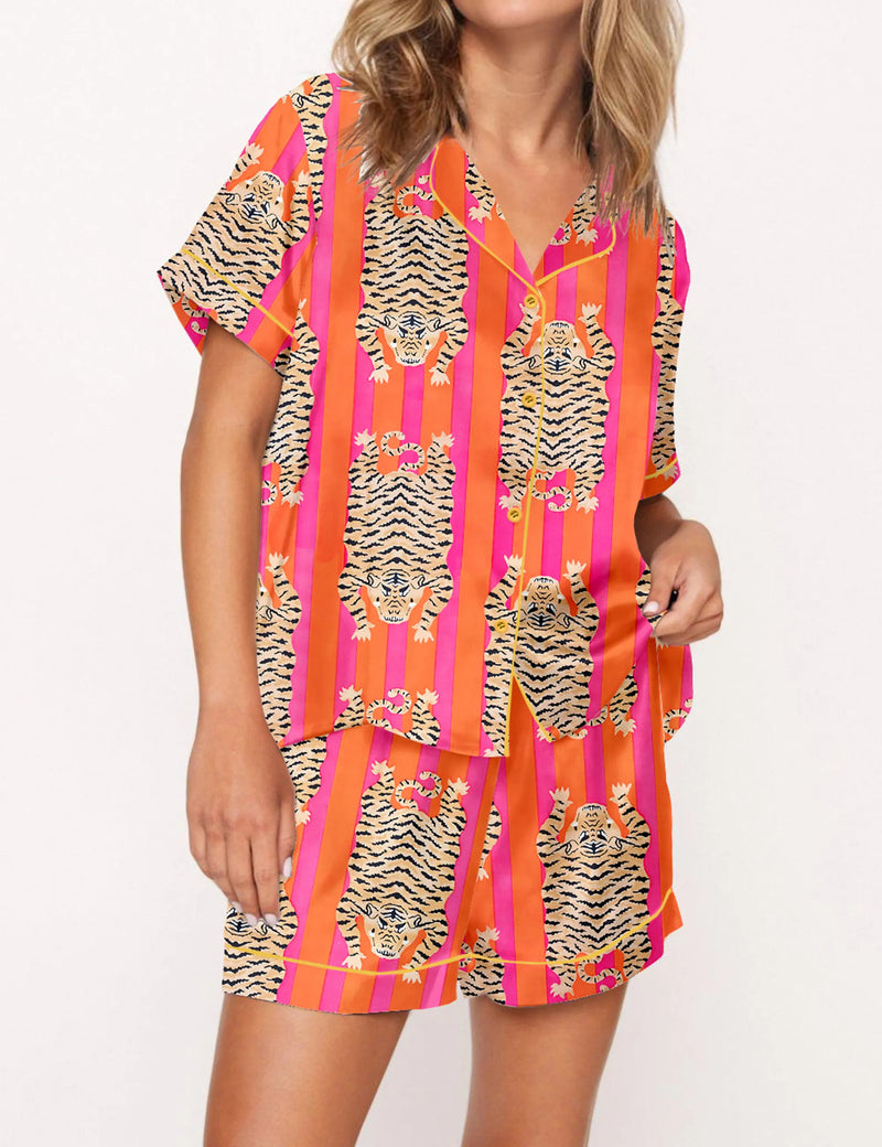 Tiger Print Silky Satin Pajama Set For Women	