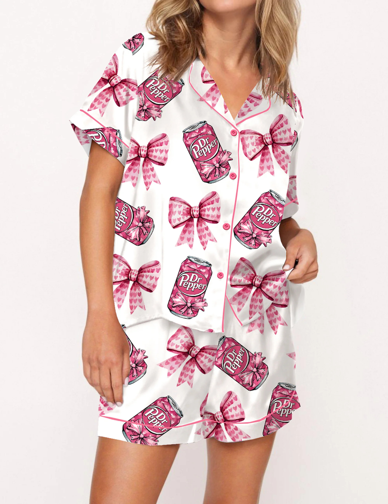 Pink Coquette Pepper Drink Satin Pajama Set For Women	
