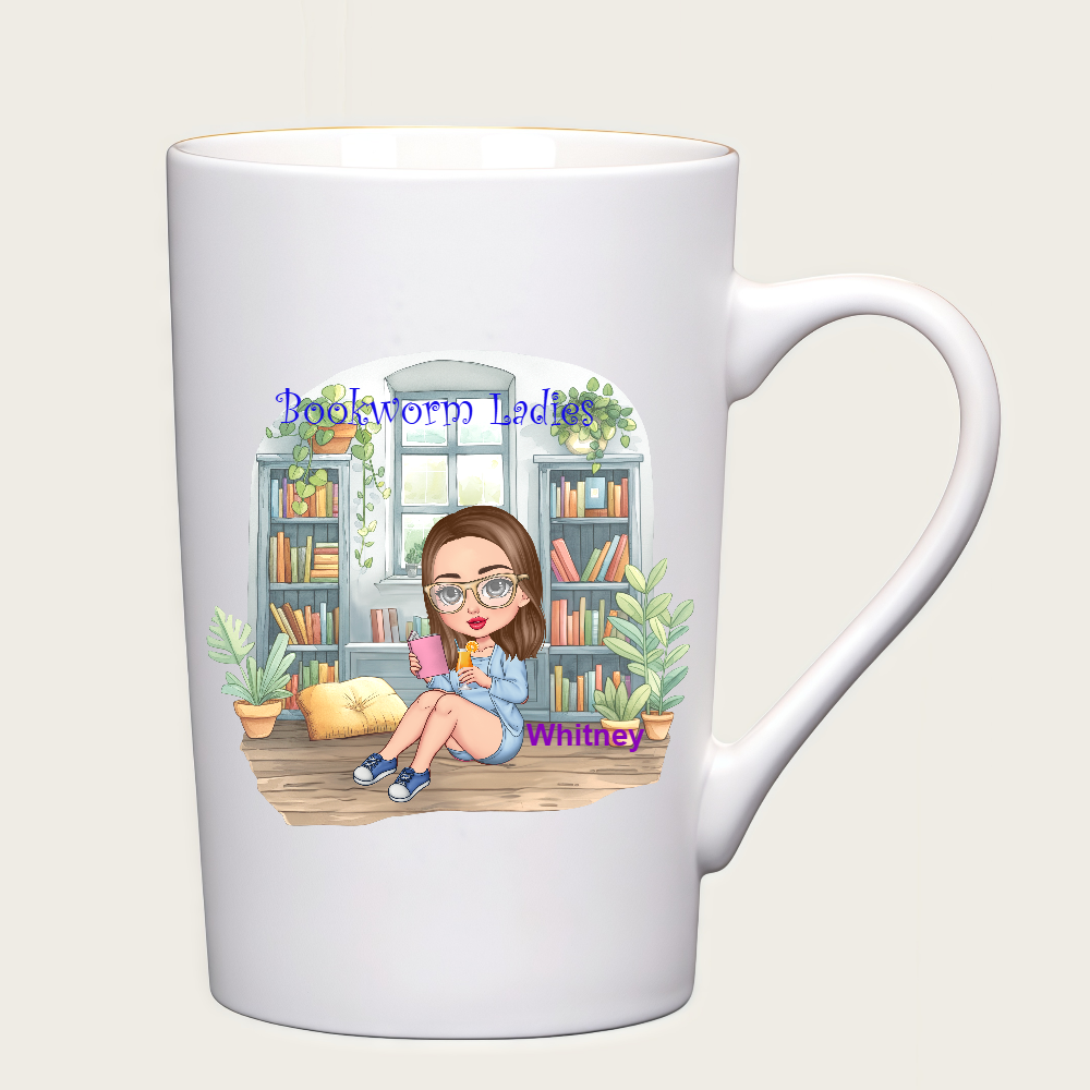 Personalized Bookworm Ladies Digital Cup Cartoon Ceramic Mug With Name Birthday Gift for Family Friend Bookworms Book Lovers