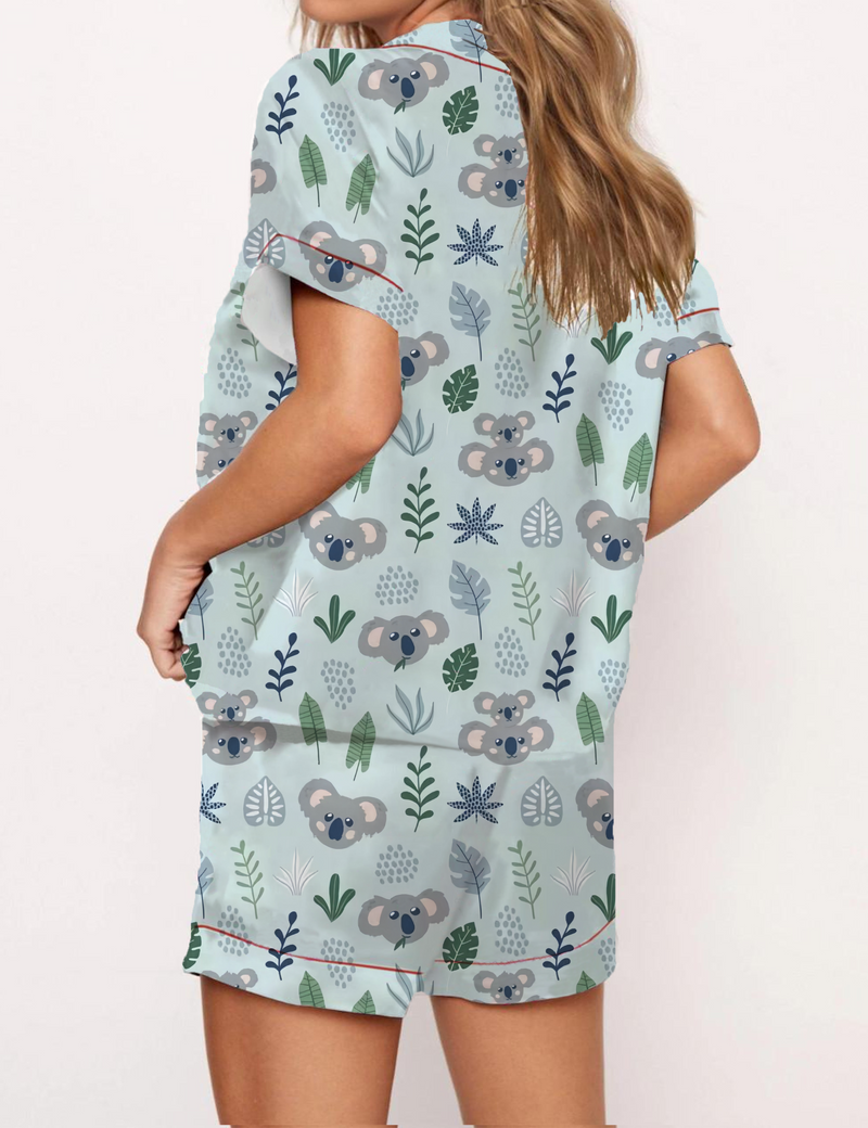  Blue koala Print Satin Pajama Short Set
