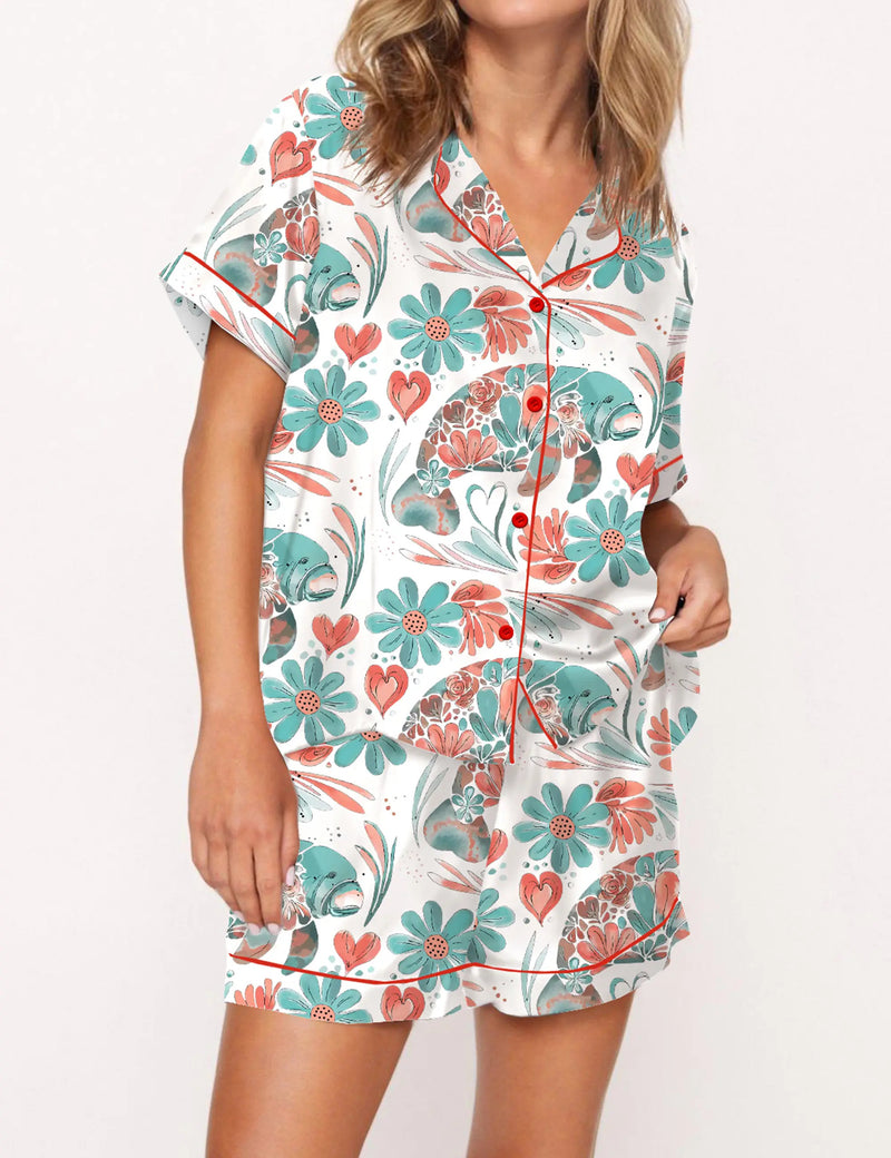 Boho Floral Manatee Silky Satin Pajama Set For Women	