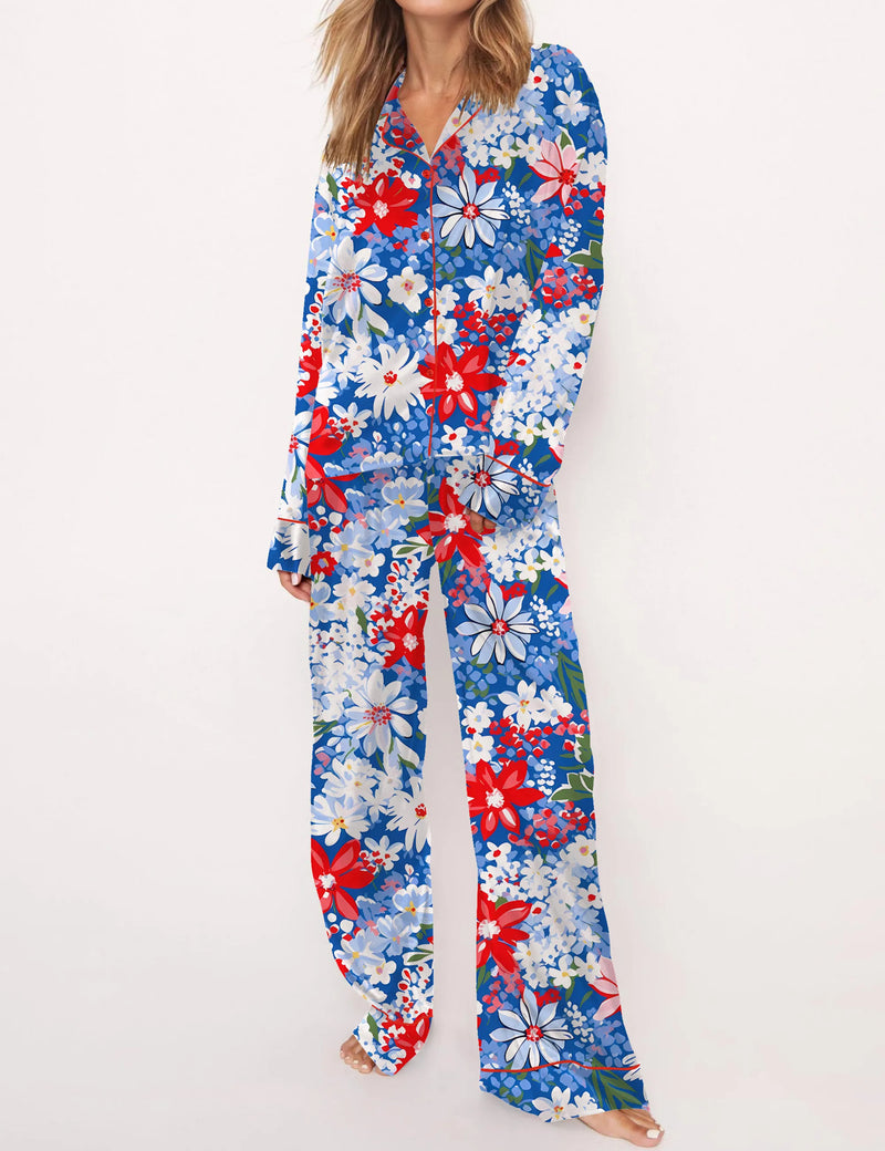 4th Of July Floral Silky Satin Pajama Set For Women	