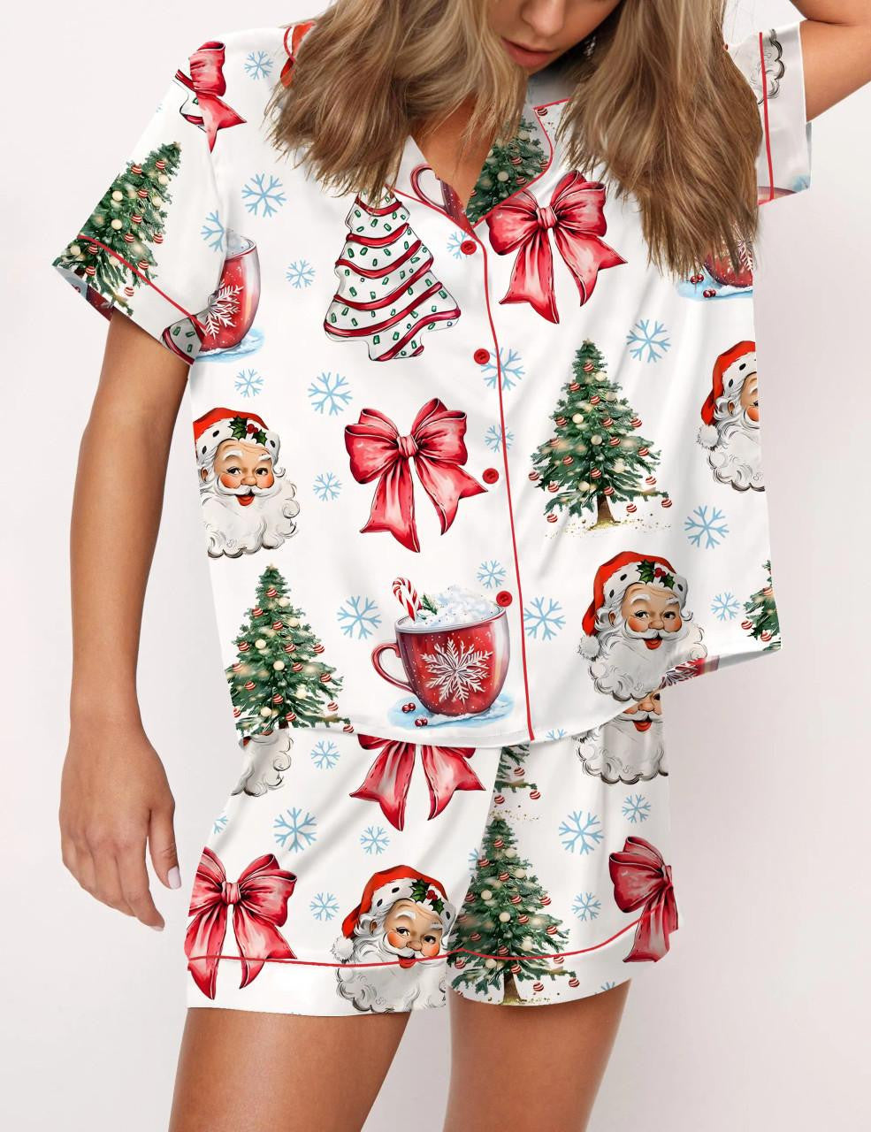 Retro Coquette Christmas Satin Pajama Set For Women	