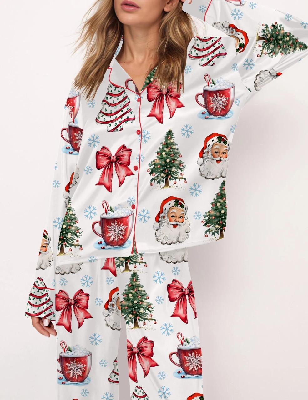 Retro Coquette Christmas Satin Pajama Set For Women	