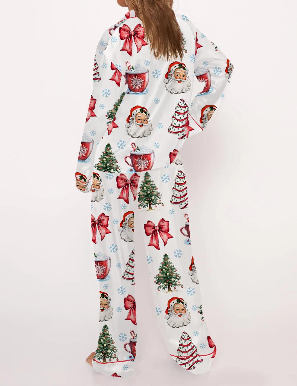 Retro Coquette Christmas Satin Pajama Set For Women	