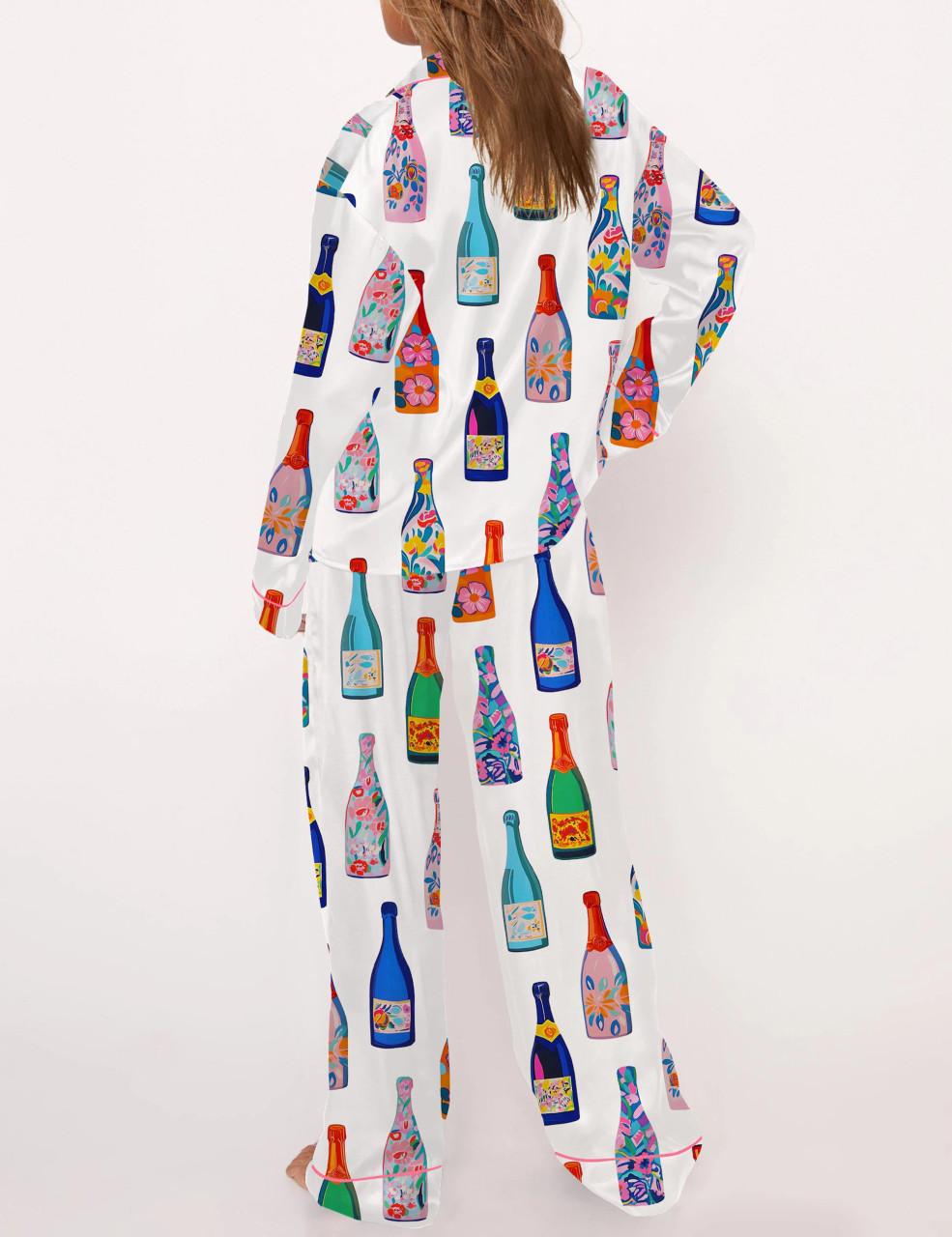 Floral Champagne Bottle Satin Pajama Set For Women	