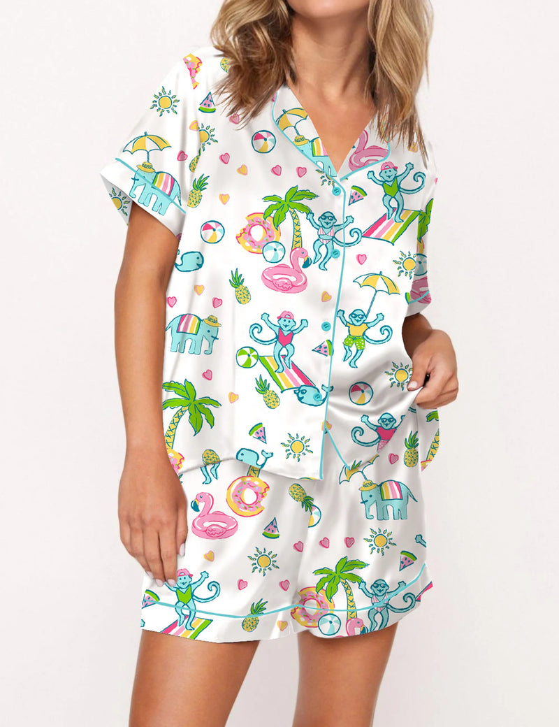 Pool Party Monkey Satin Pajama Set For Women	