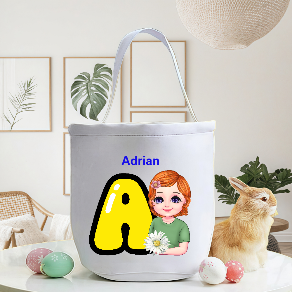 Personalized Cartoon Character Initial Bucket Bag with Initial and Name Easter Egg Hunt Basket Birthday Party Favors Gift for Kids