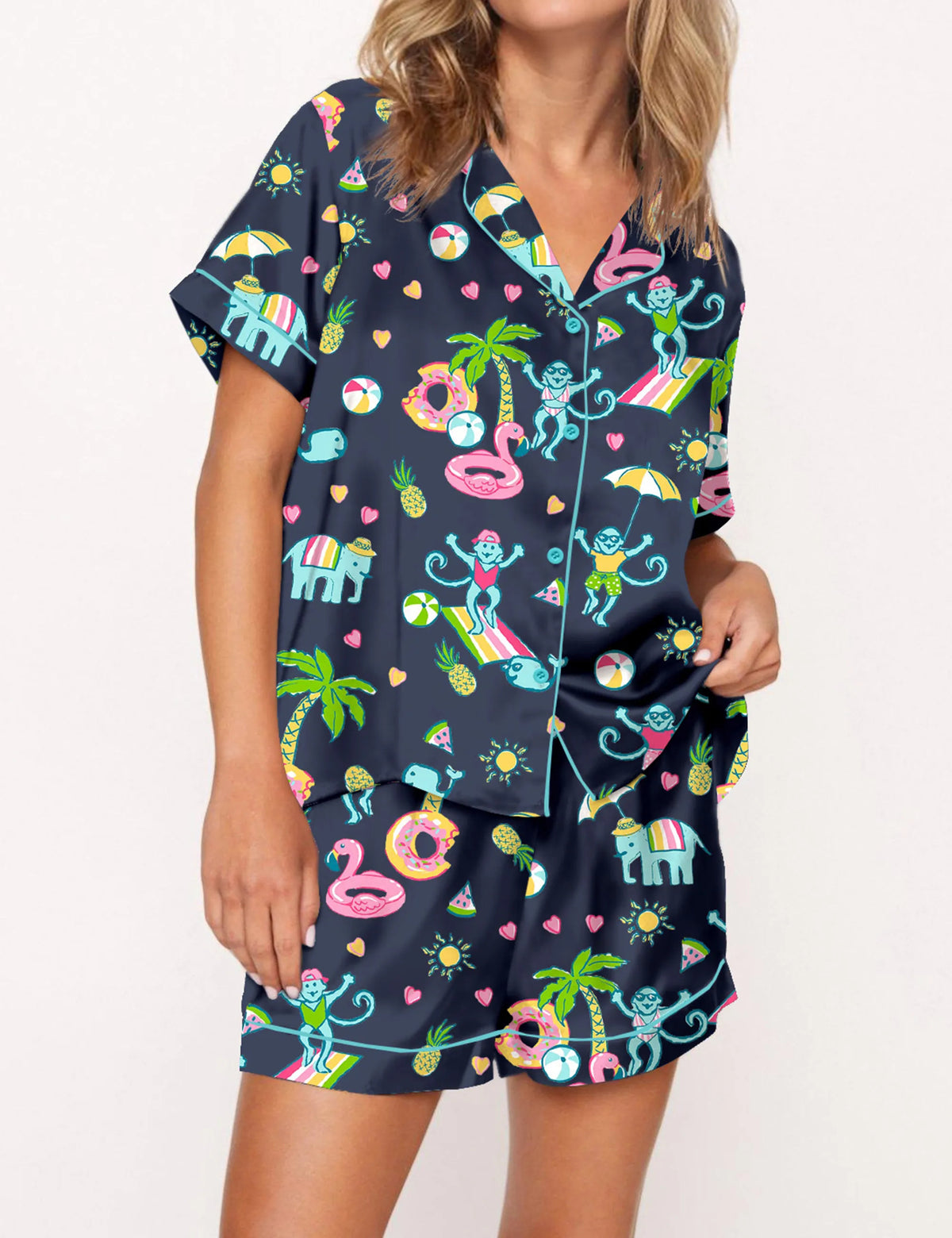 Pool Party Monkey Satin Pajama Set For Women	