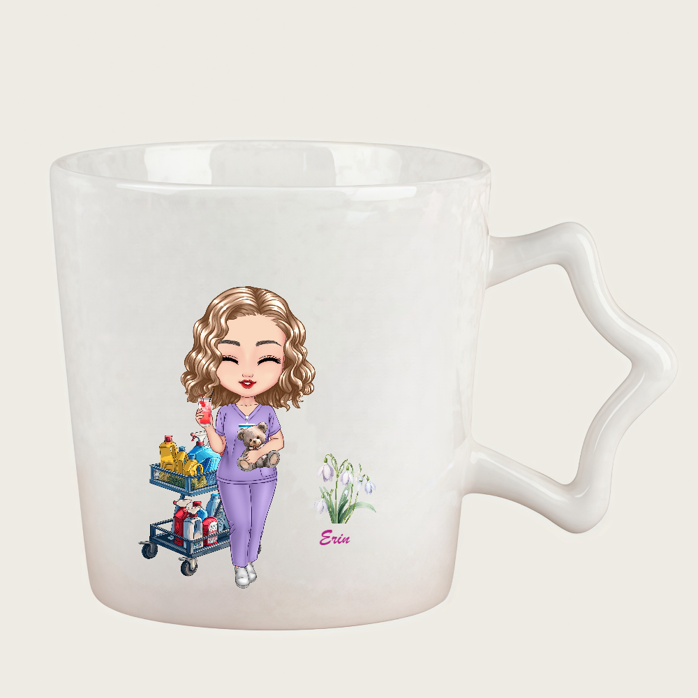 Personalized Doctor Coffee Cup Cartoon Ceramic Mug with Birth Flower and Name With Star Handle