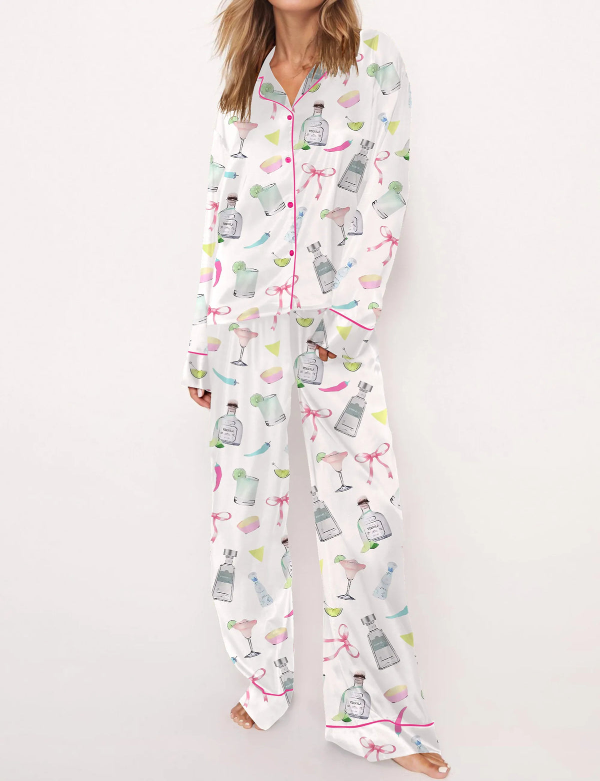 Trendy Tequila Margarita Satin Pajama Set For Women	