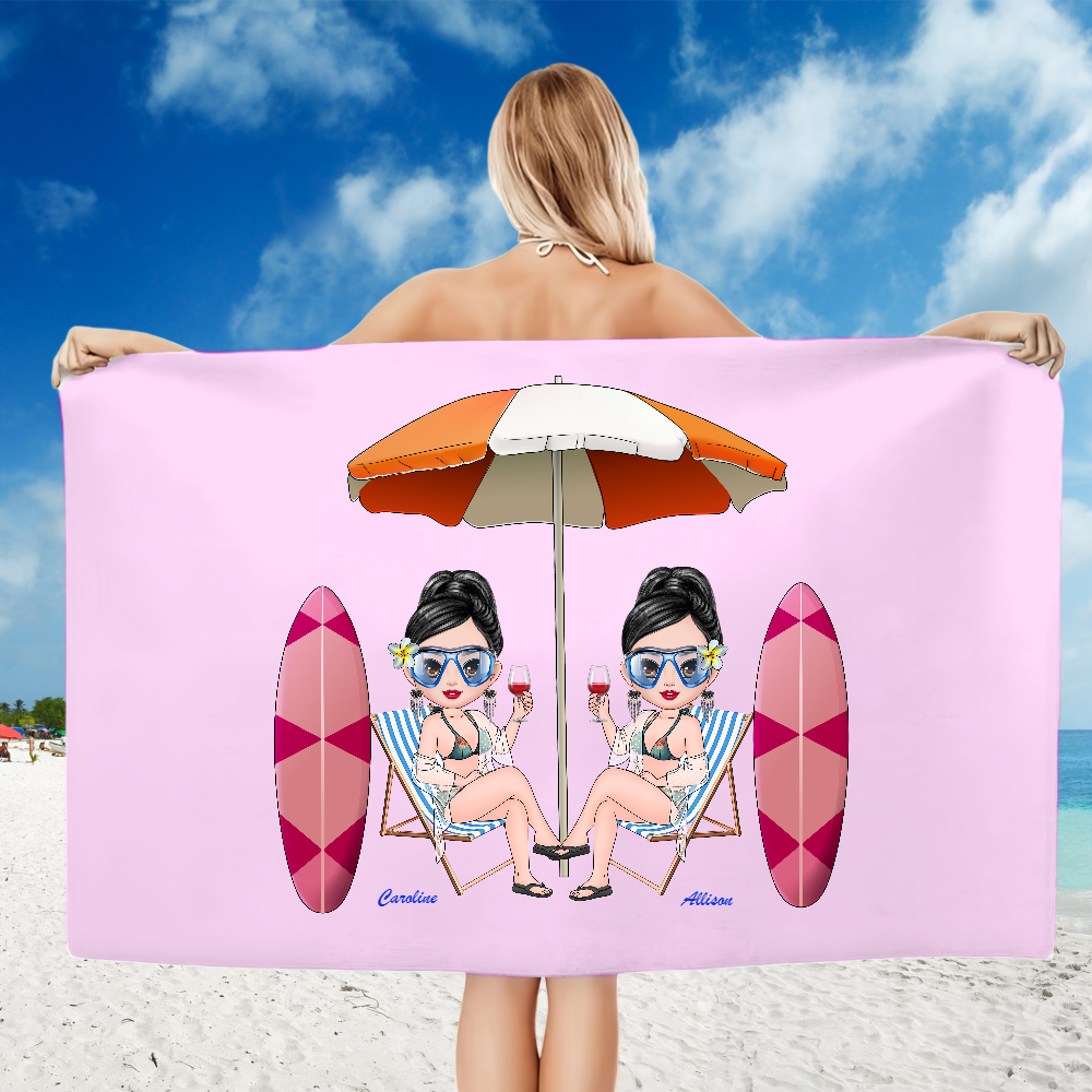 Personalized Cartoon Summer Best Friends Soft Quick Dry Beach Towel with Name Vacation Beach Accessories Gift for Friend