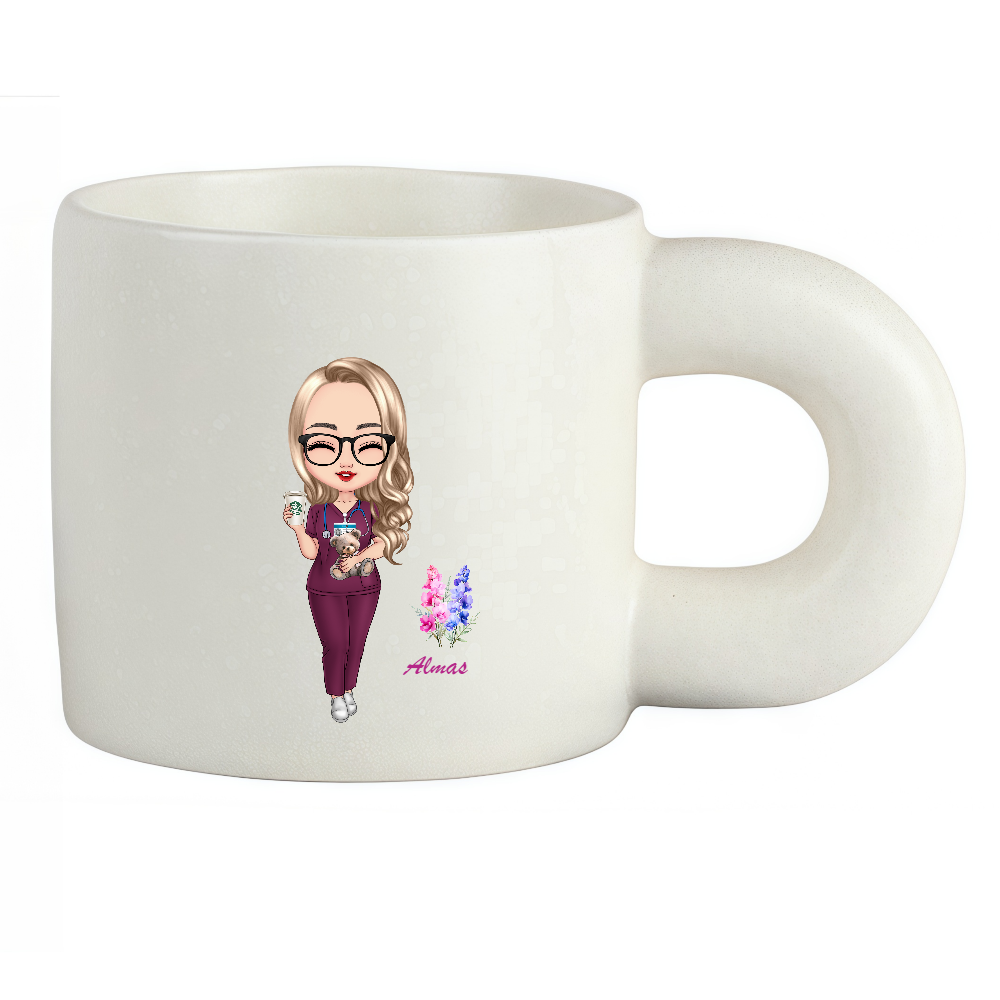 Personalized Doctor Coffee Cup Cartoon Ceramic Mug  With Chubby Big Ear Cup with Birth Flower and Name