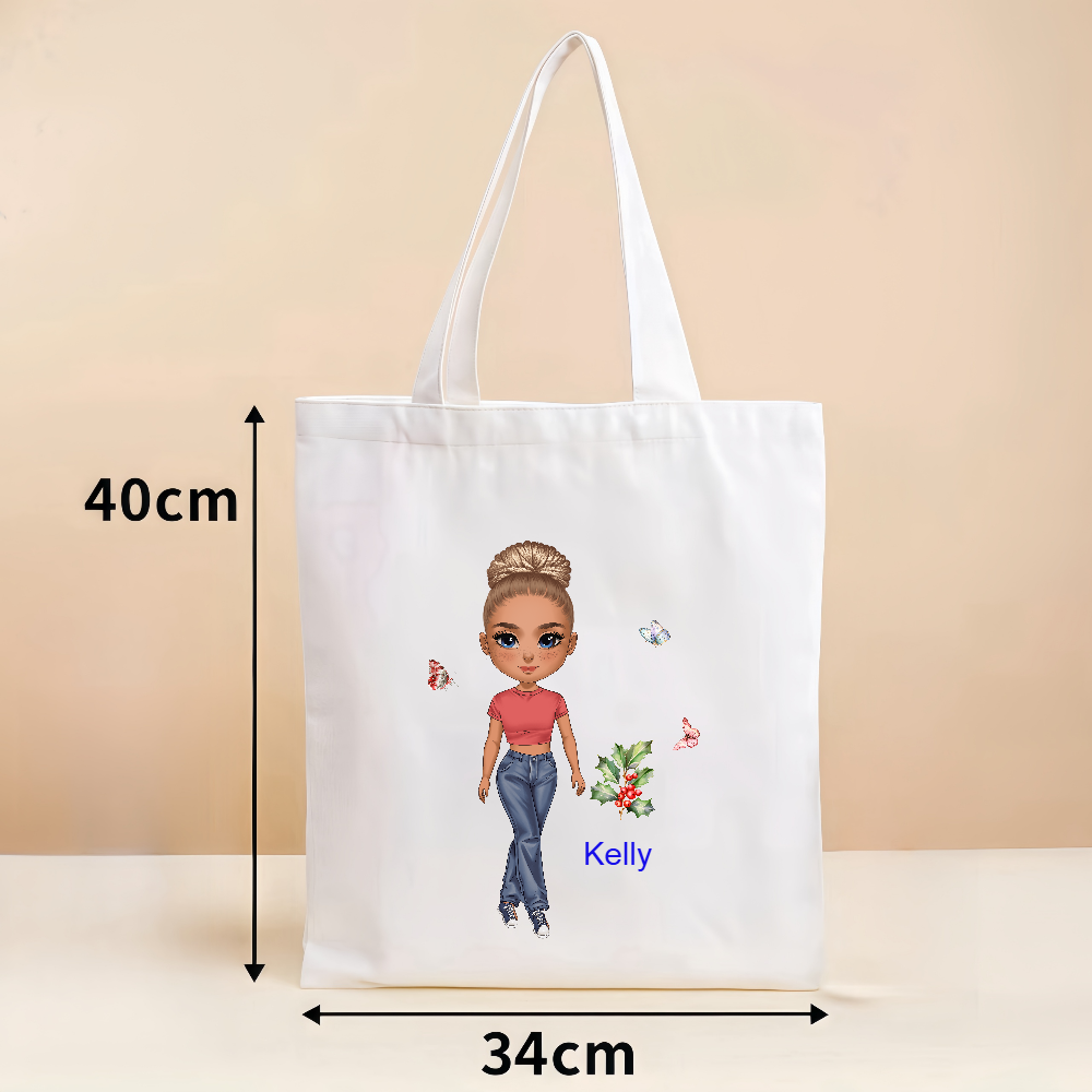 Customized Cartoon Chibi Girl Canvas Tote Bag with Birth Flower and Name Birthday Gift for Her