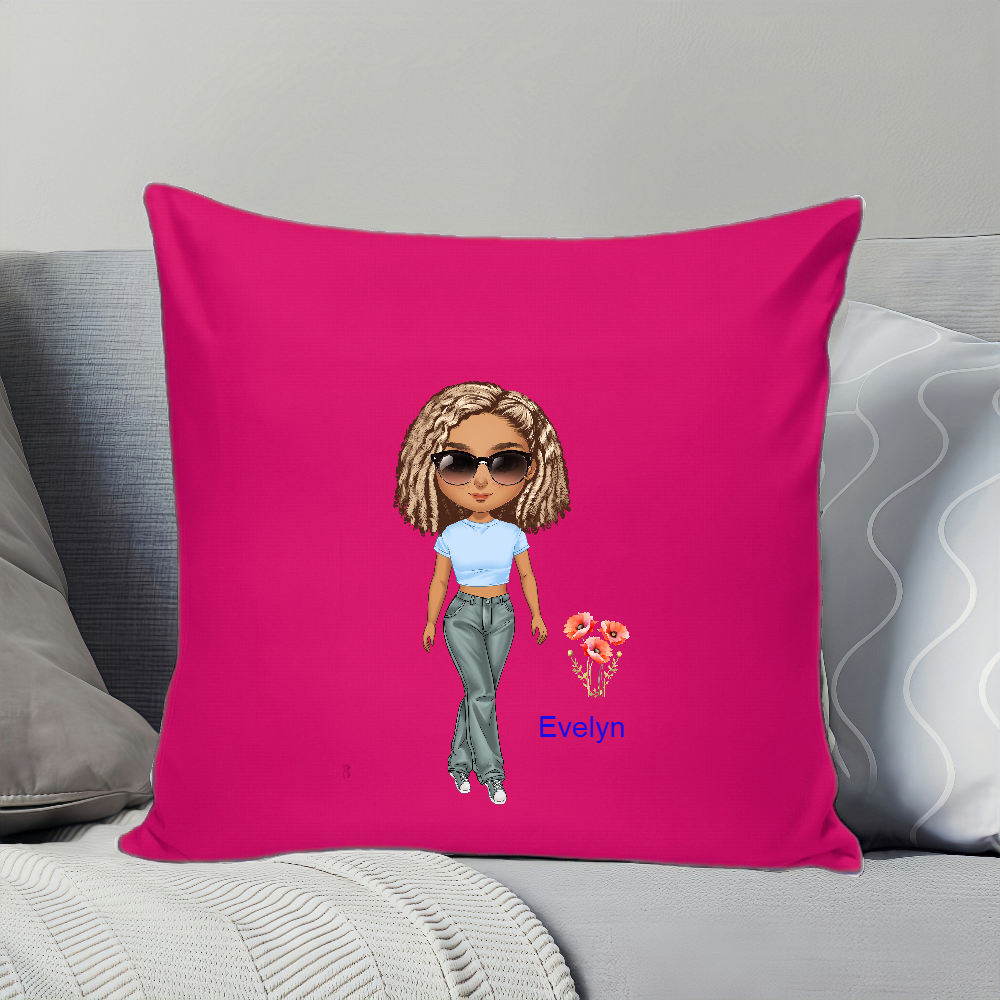 Personalized  Cartoon Character Girl Soft Throw Pillow Cover with Name Birth Flower Gift for Sisters Friends