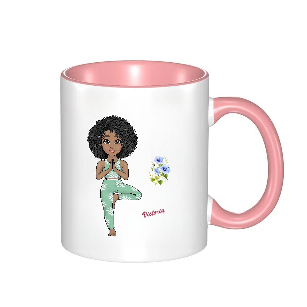 Personalized Cartoon Sports Yoga Fitness Girl Coffee Cup Cartoon Ceramic Mug With Birth Flower and Name Birthday Gift for Women