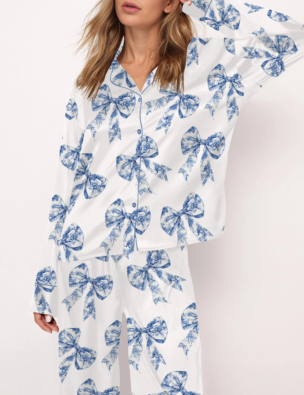 Chinoiserie Bow Silky Satin Pajama Set For Women	