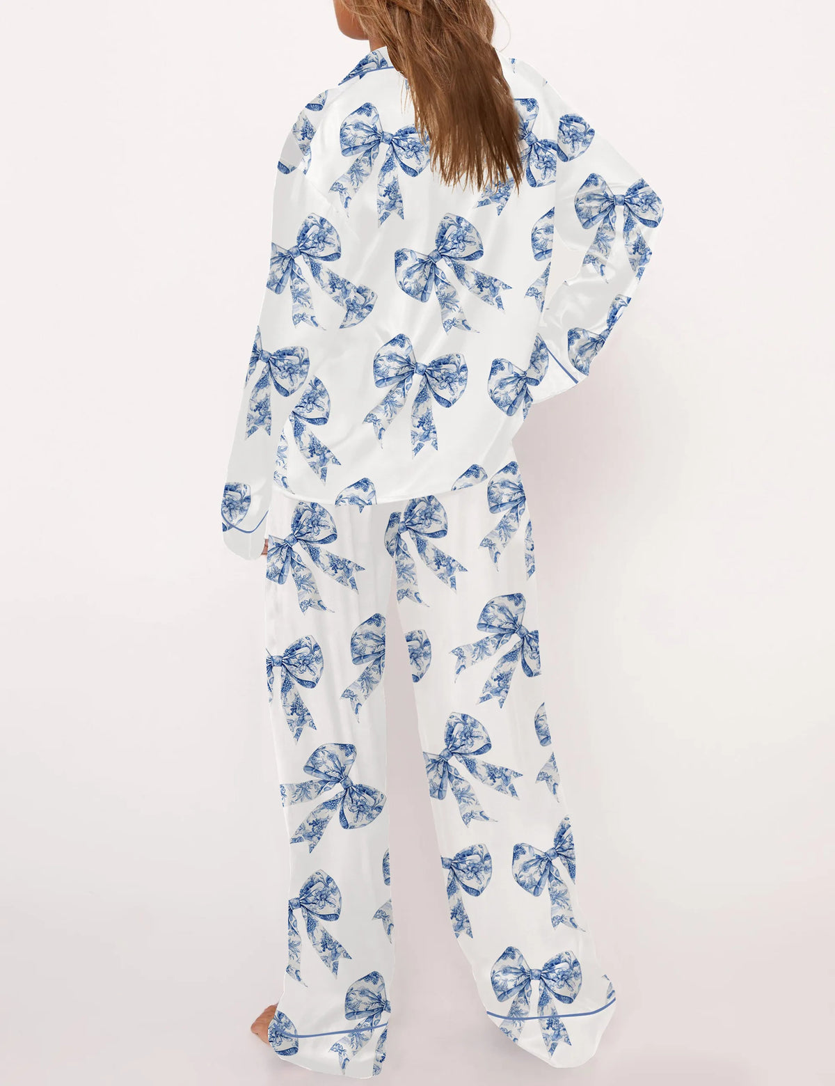 Chinoiserie Bow Silky Satin Pajama Set For Women	