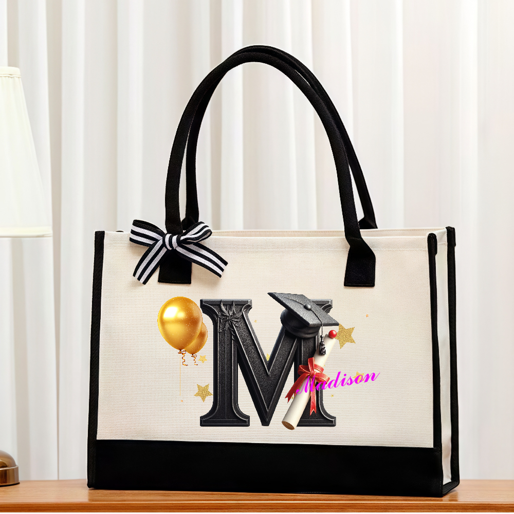 Personalized Graduation Cap Initial Large Canvas Tote Bag with Name Travel Daily Use Graduation Gift for Graduate Friend