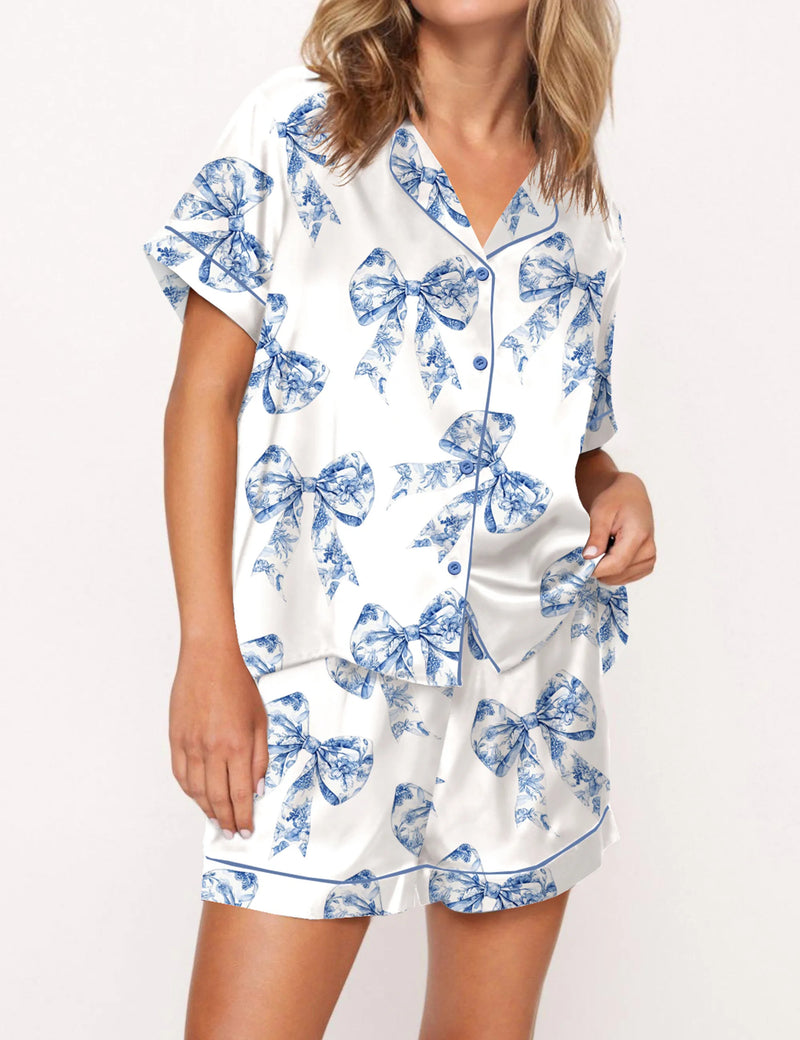 Chinoiserie Bow Silky Satin Pajama Set For Women	