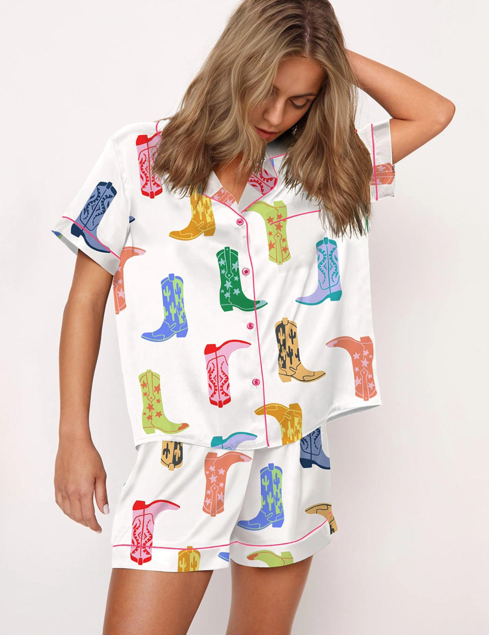 Colorful Cowboy Boot Silky Satin Pajama Set For Women	