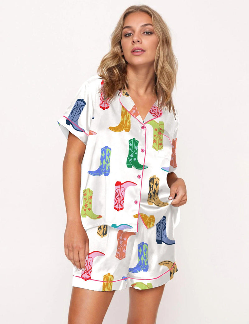 Colorful Cowboy Boot Silky Satin Pajama Set For Women	