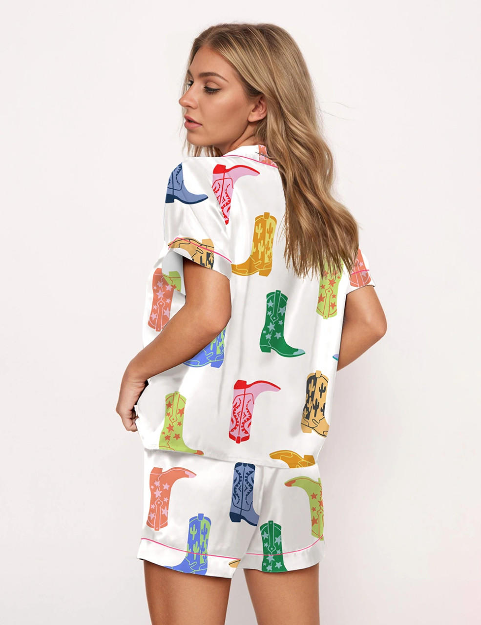 Colorful Cowboy Boot Silky Satin Pajama Set For Women	