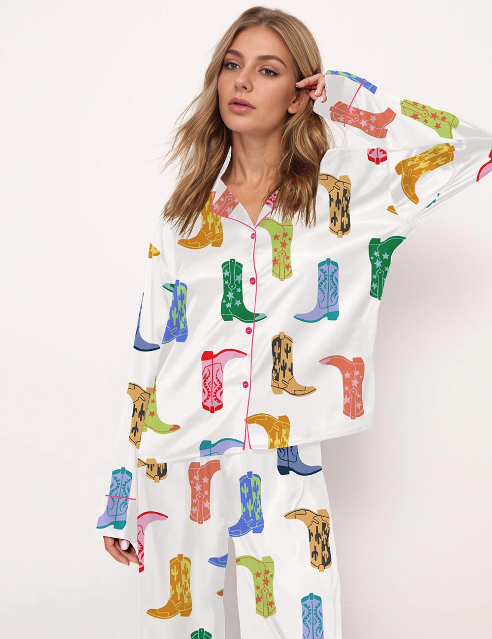 Colorful Cowboy Boot Silky Satin Pajama Set For Women	