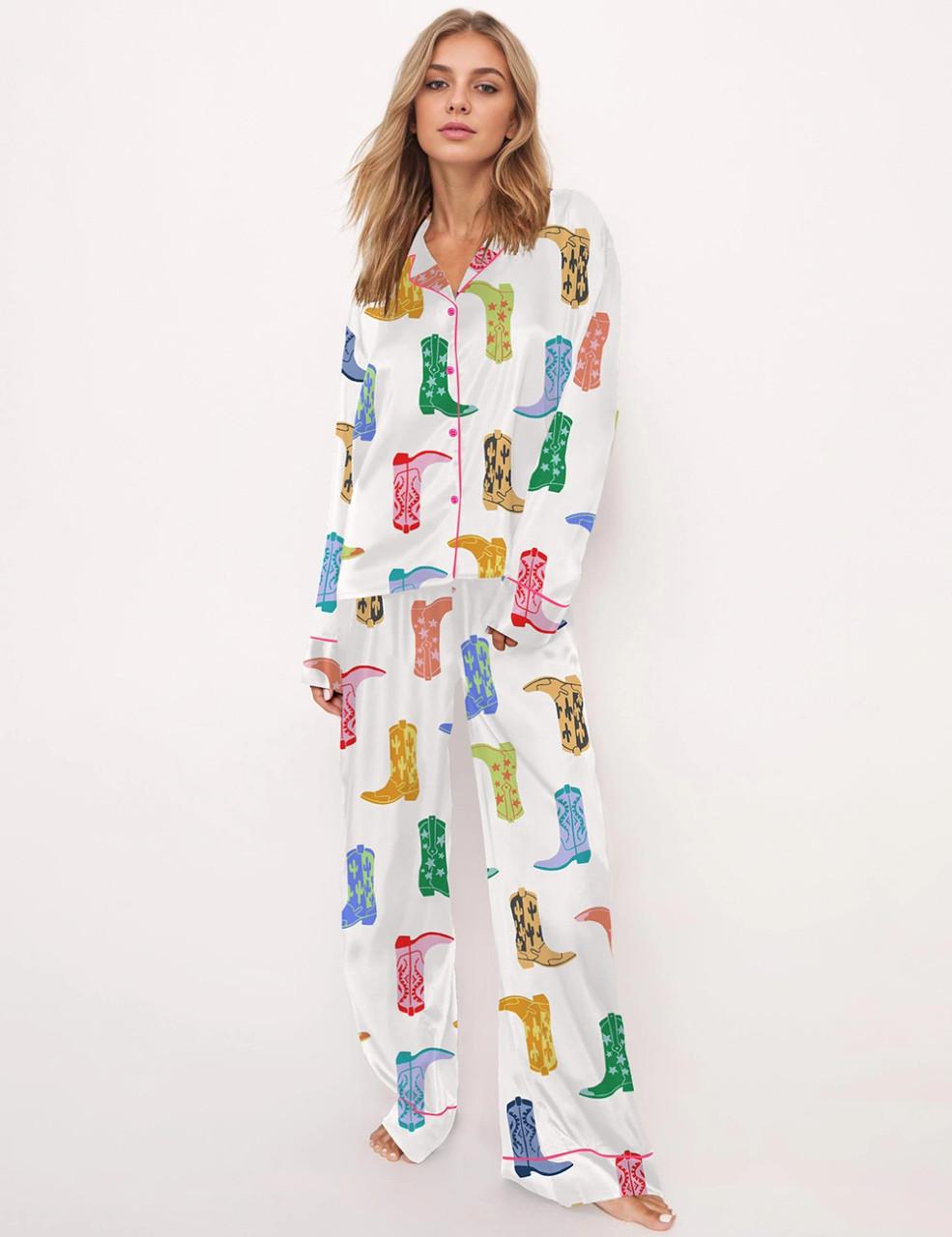 Colorful Cowboy Boot Silky Satin Pajama Set For Women	