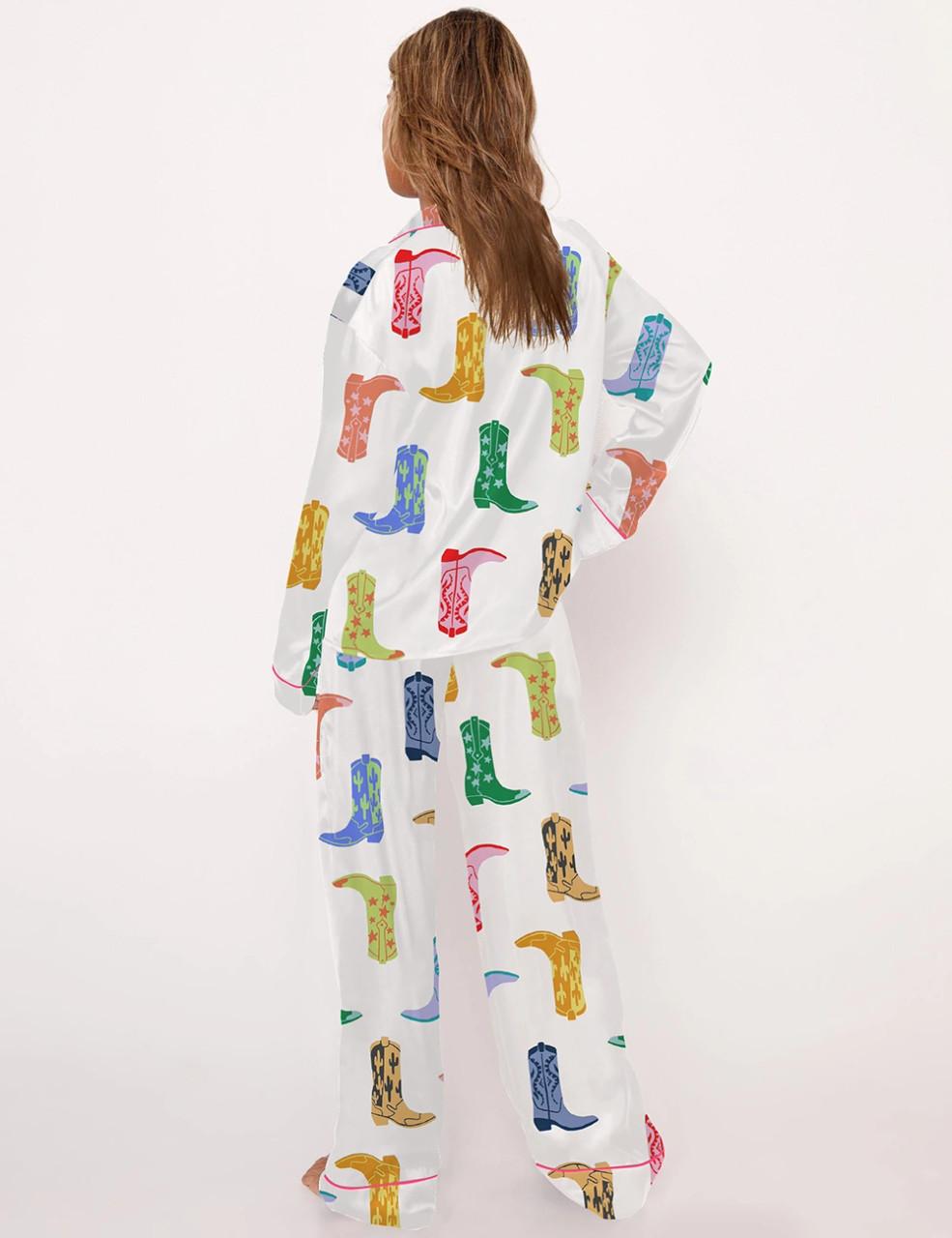 Colorful Cowboy Boot Silky Satin Pajama Set For Women	