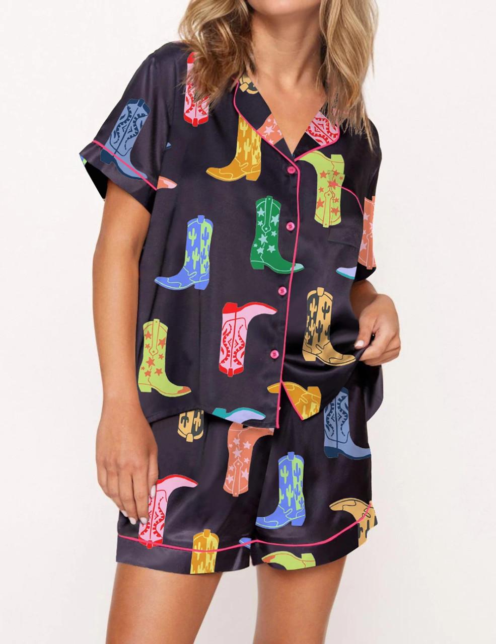 Colorful Cowboy Boot Silky Satin Pajama Set For Women	