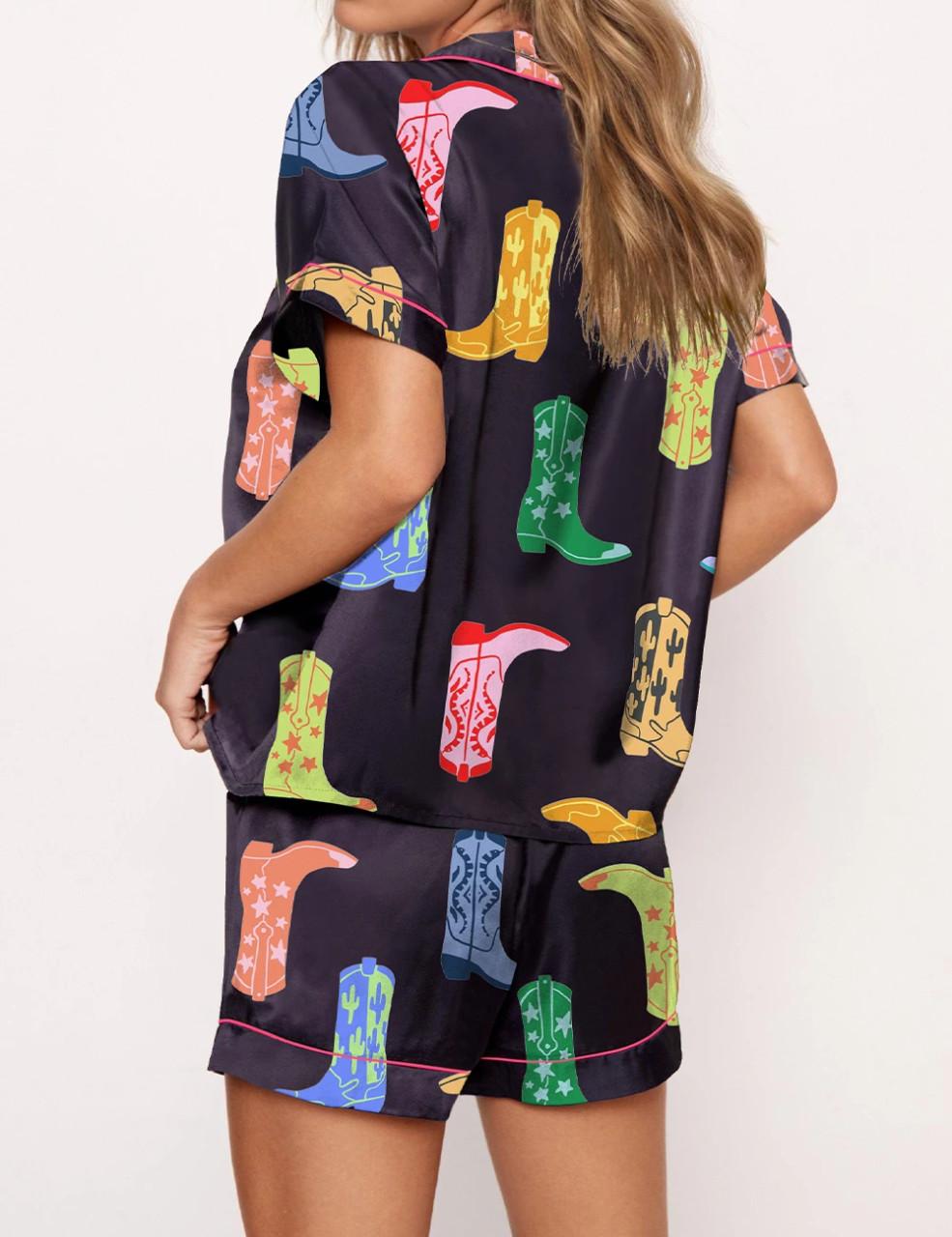 Colorful Cowboy Boot Silky Satin Pajama Set For Women	