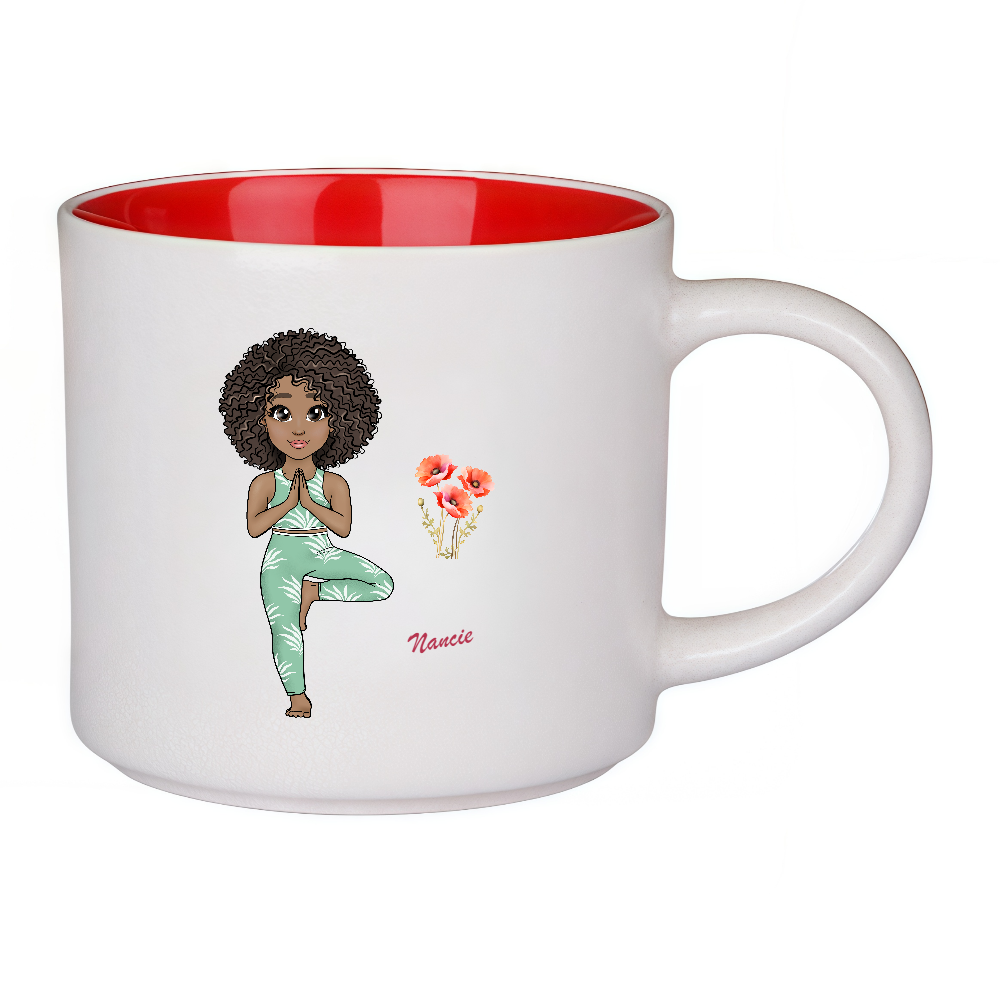 Personalized Cartoon Sports Yoga Fitness Girl Coffee Cup Cartoon Ceramic Mug With Birth Flower and Name Birthday Gift for Women