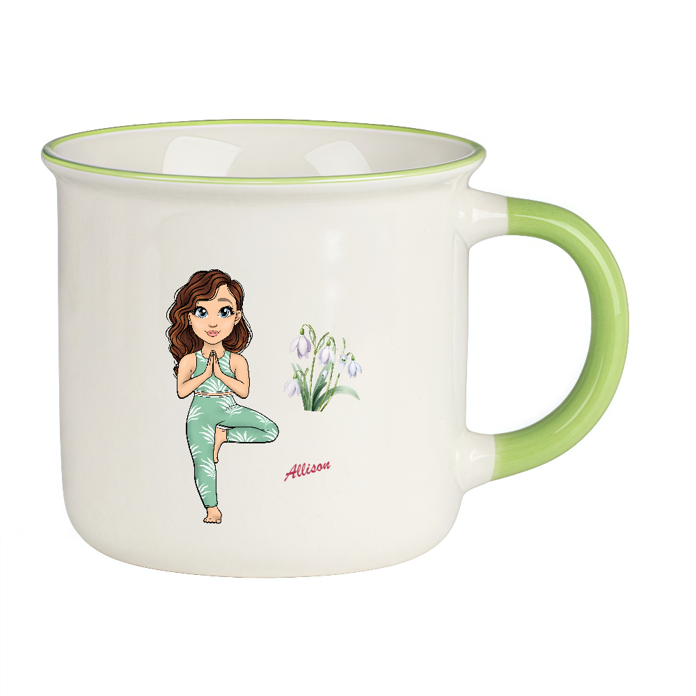 Personalized Cartoon Sports Yoga Fitness Girl Coffee Cup Cartoon Ceramic Mug With Birth Flower and Name Birthday Gift for Women