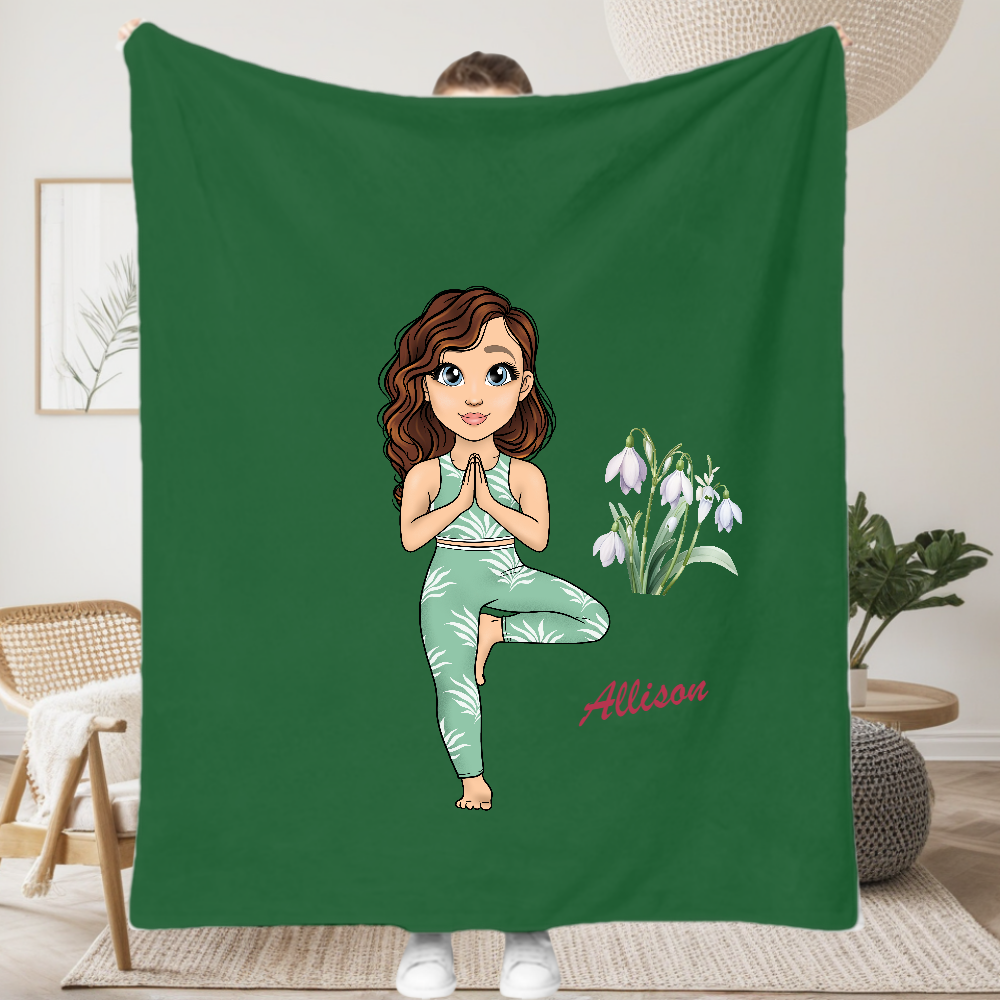 Personalized Cartoon Character Yoga Fitness Girl Soft Throw Blanket with Names and  Birth Flower Home Decor Gift for Women Girls